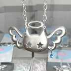 Scene Y2K Winged Cat Pendant Necklace with Blue Crystal-Like Charm