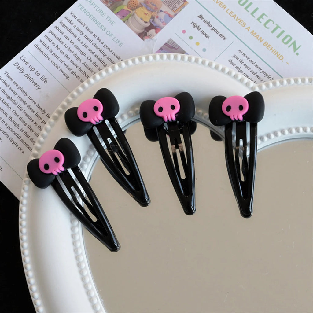 Scene Gothic Pink Skull Bow Hair Clips – Black Snap Barrettes
