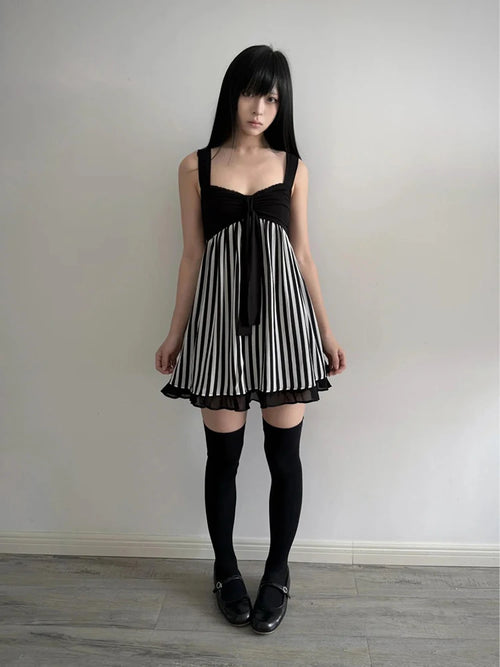 Scene Black and White Striped Spaghetti-Strap Mini Dress