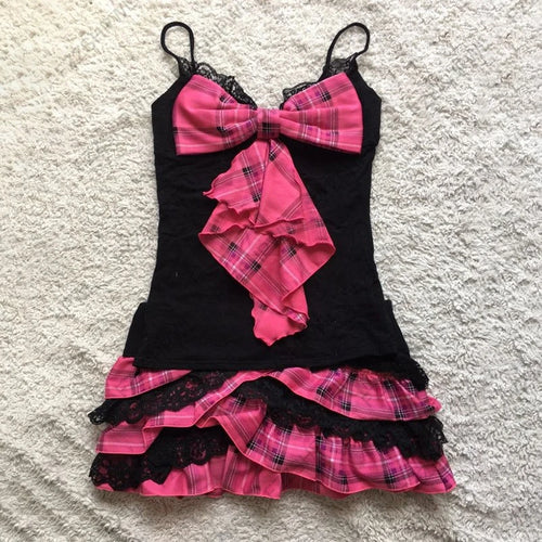 Scene Black and Pink Plaid Bow-Front Lace-Trim Camisole Dress