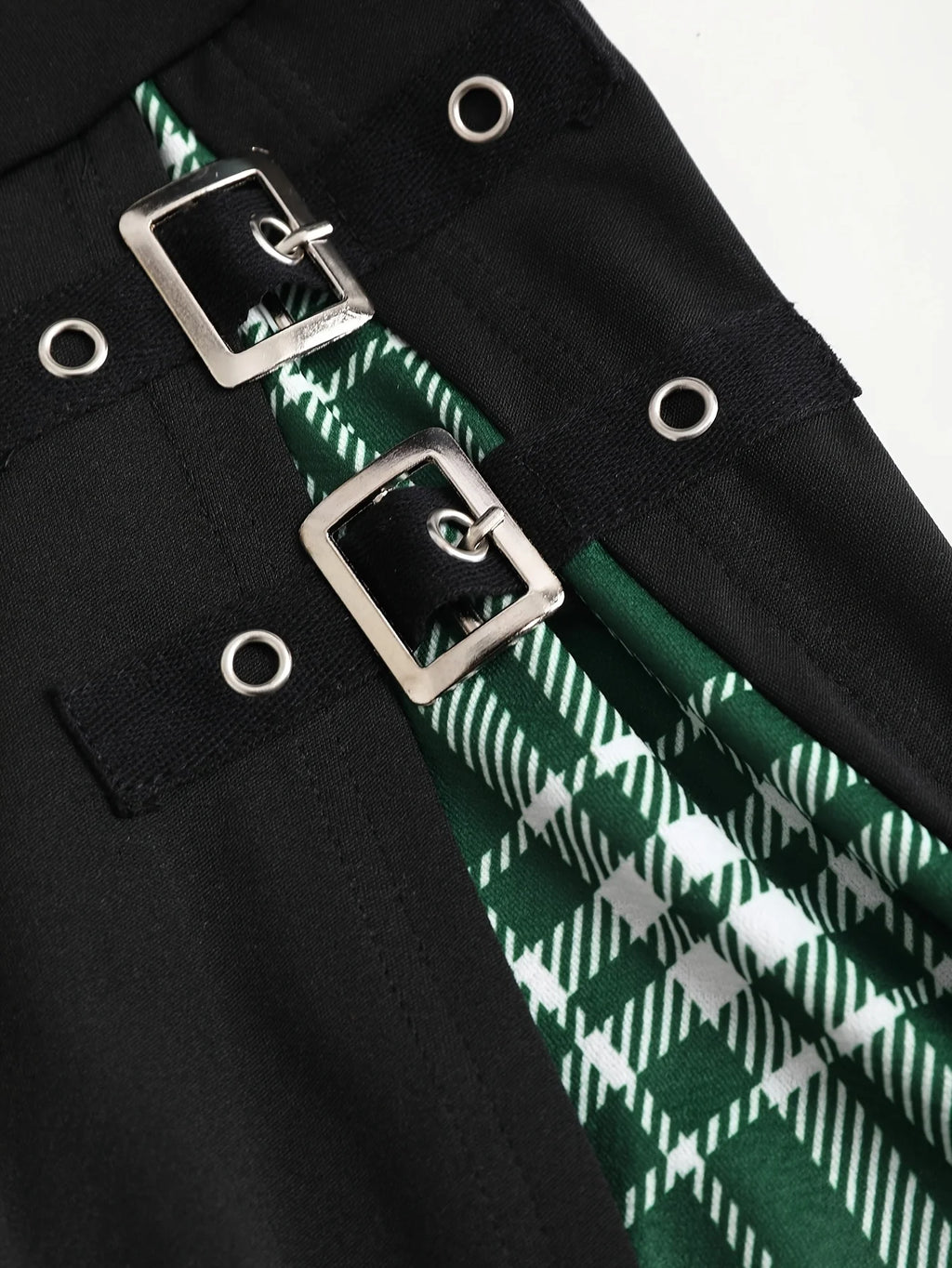 Scene Plus-Size Plaid Crisscross-Strap Mini Dress with Buckle Details