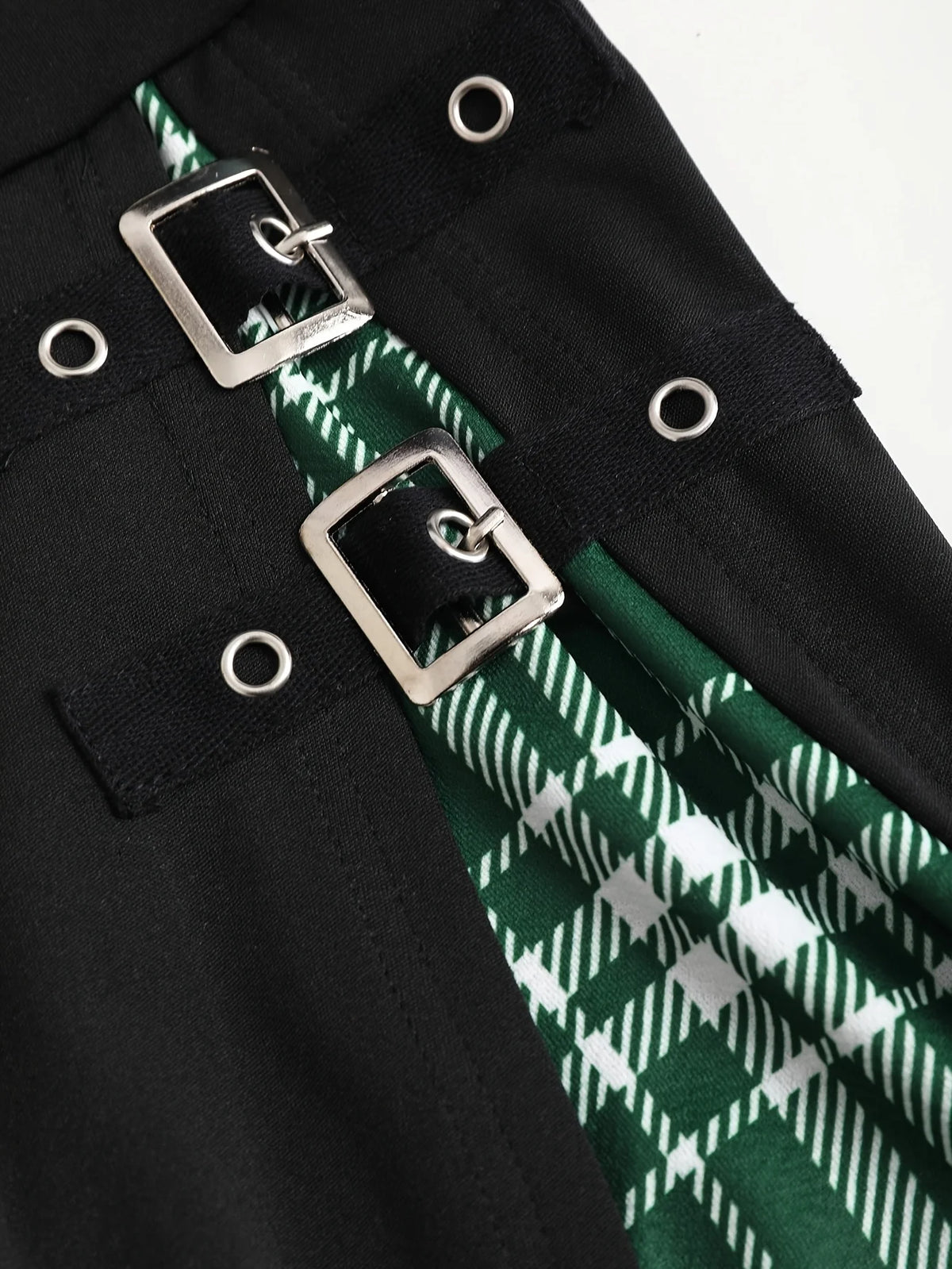 Scene Plus-Size Plaid Crisscross-Strap Mini Dress with Buckle Details
