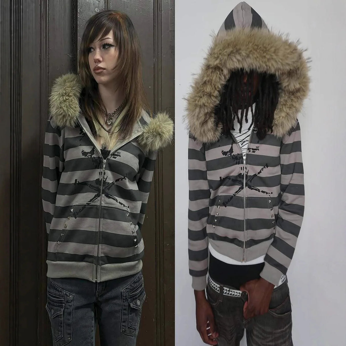 Scene Women's Gray Striped Zip Hoodie with Fur-Trimmed Hood