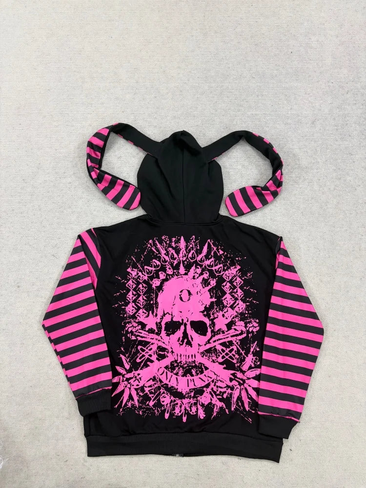 Scene Women's Black and Pink Skull Print Zip-Up Hoodie