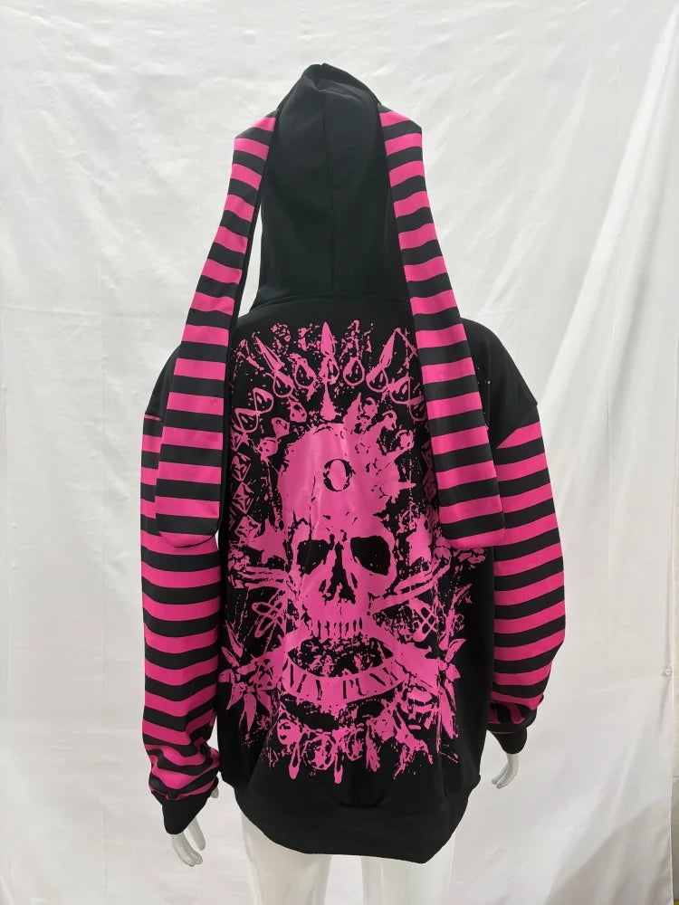 Scene Women's Black and Pink Skull Print Zip-Up Hoodie