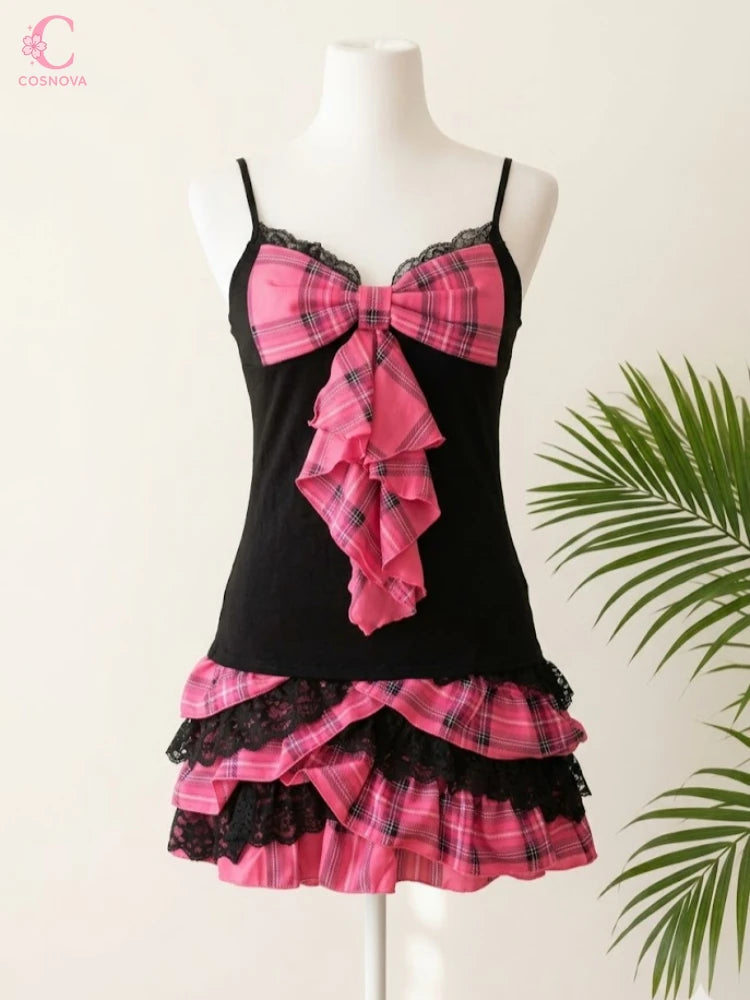 Scene Black and Pink Plaid Bow-Front Lace-Trim Camisole Dress