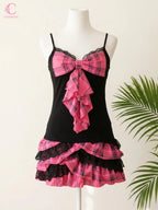 Scene Black and Pink Plaid Bow-Front Lace-Trim Camisole Dress