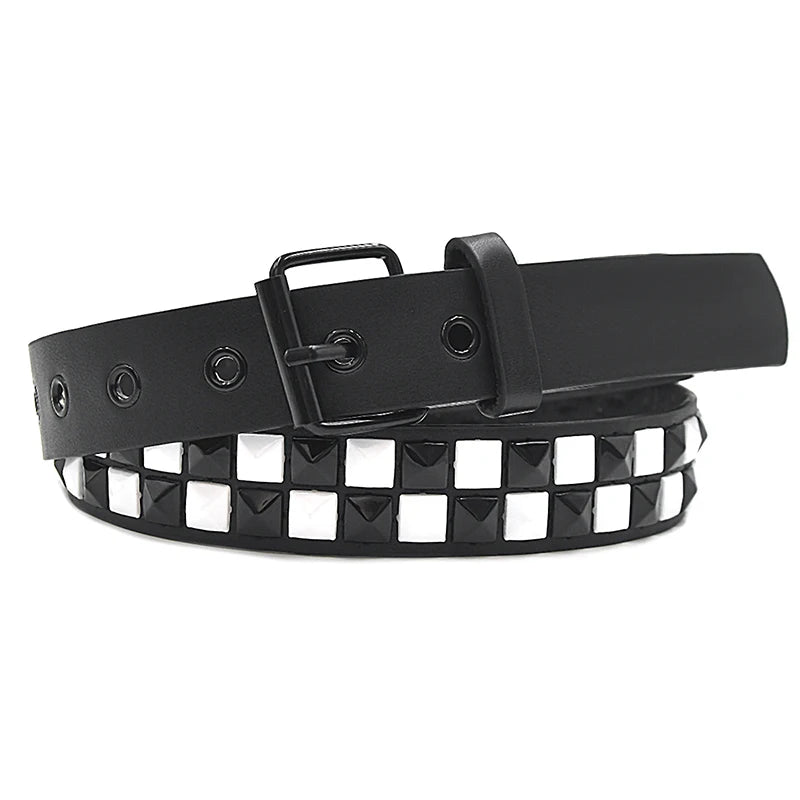 Scene Pyramid Stud PU Belt with Square Rivets – Black with Red, White or Purple Accents