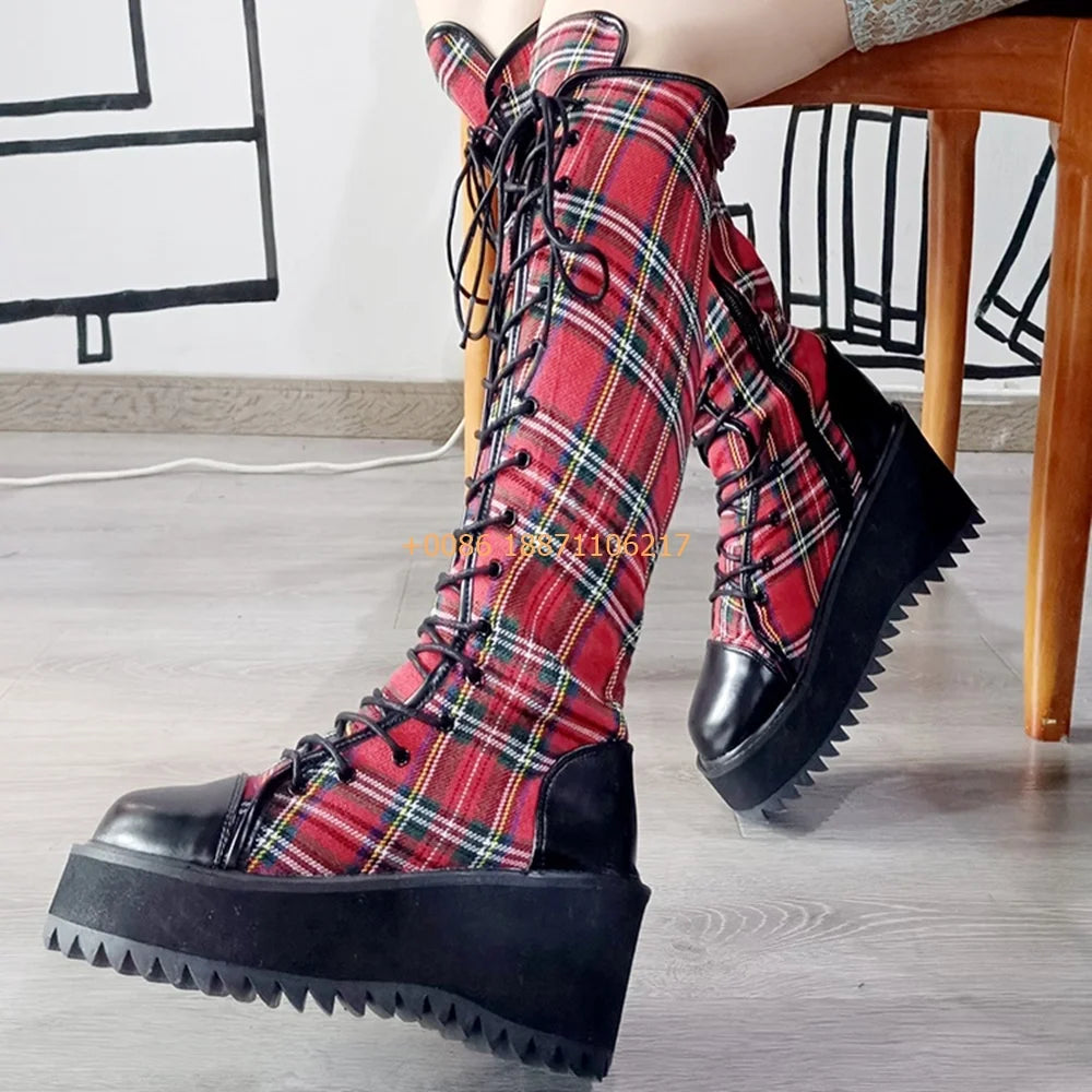 Scene Red Plaid Knee-High Lace-Up Platform Boots