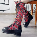 Scene Red Plaid Knee-High Lace-Up Platform Boots