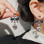 Scene Pink Rhinestone Bow and Heart Drop Earrings
