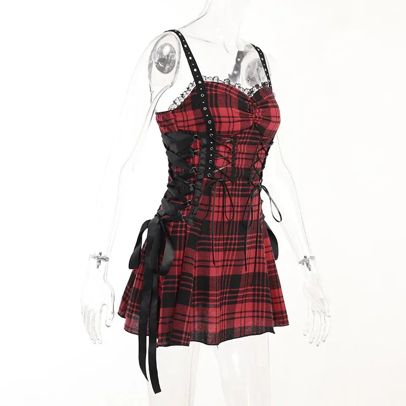 Women's Scene Red and Black Plaid Lace-Up Mini Dress