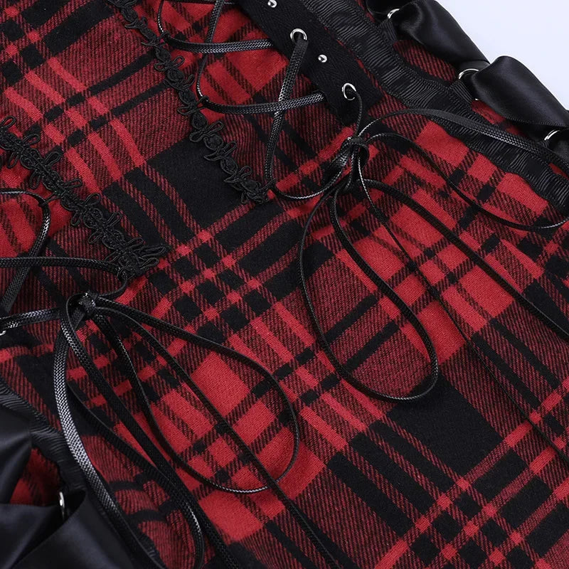 Women's Scene Red and Black Plaid Lace-Up Mini Dress