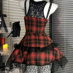 Scene Gothic Plaid Lace-Trim Mini Dress