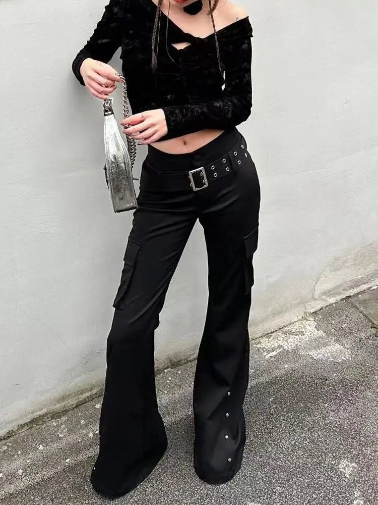 Scene Black Low-Waisted Flared Pants with Rivet Details