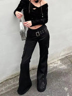 Scene Black Low-Waisted Flared Pants with Rivet Details