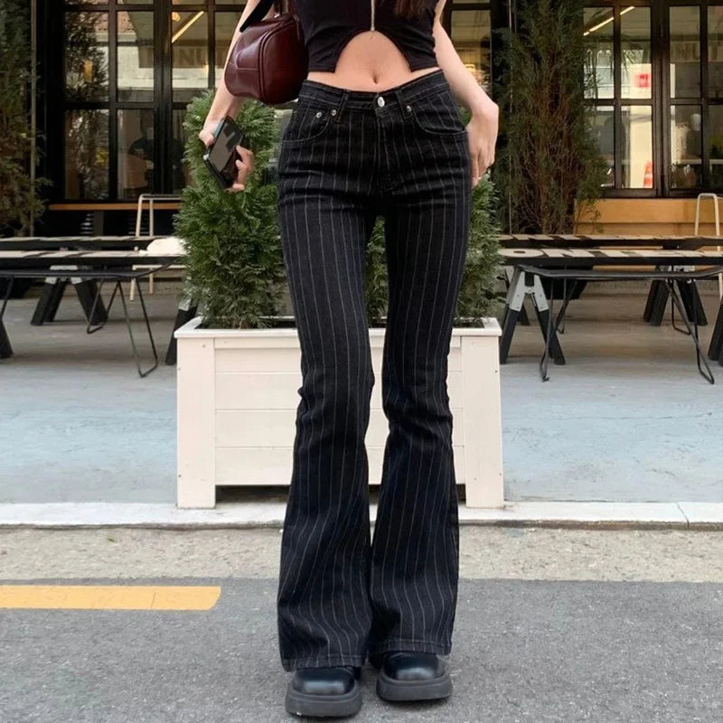 Scene Women’s Black Pinstripe Low-Rise Bootcut Jeans