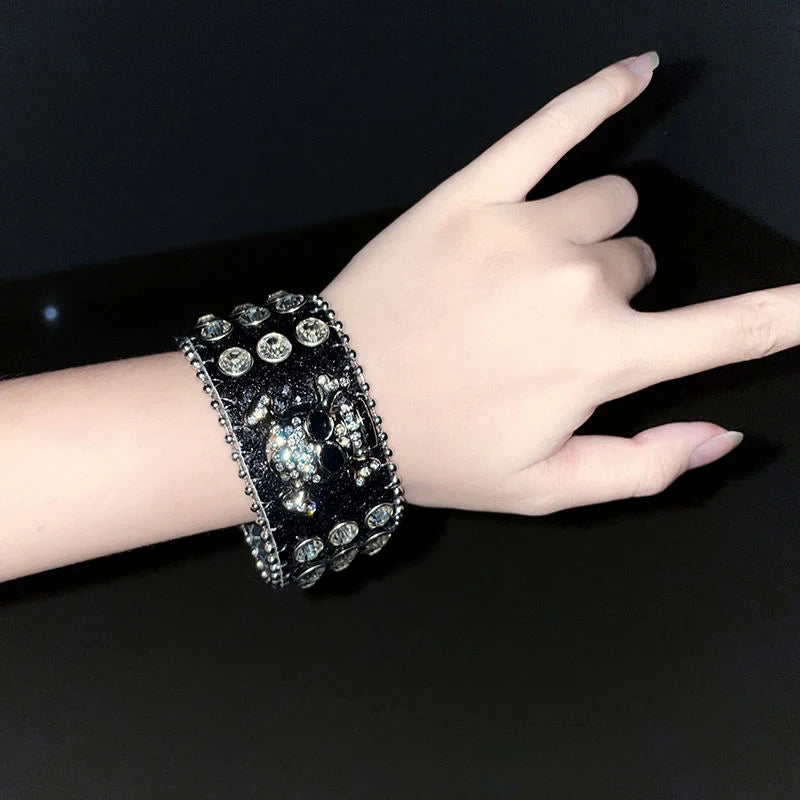 Scene Gothic Leather Crystal Cross Cuff Bracelet