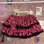 Scene Pink Plaid & Leopard Print Ruffle Mini Skirt with Lace Trim