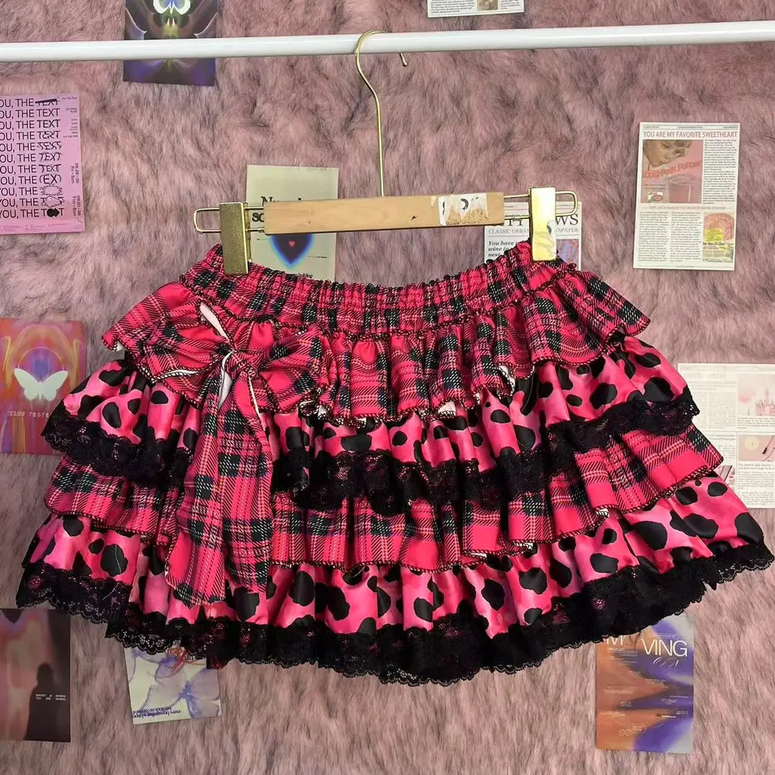 Scene Pink Plaid & Leopard Print Ruffle Mini Skirt with Lace Trim