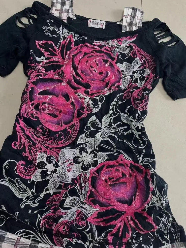 Scene Women's Black Floral Rose Print Cutout-Shoulder Top