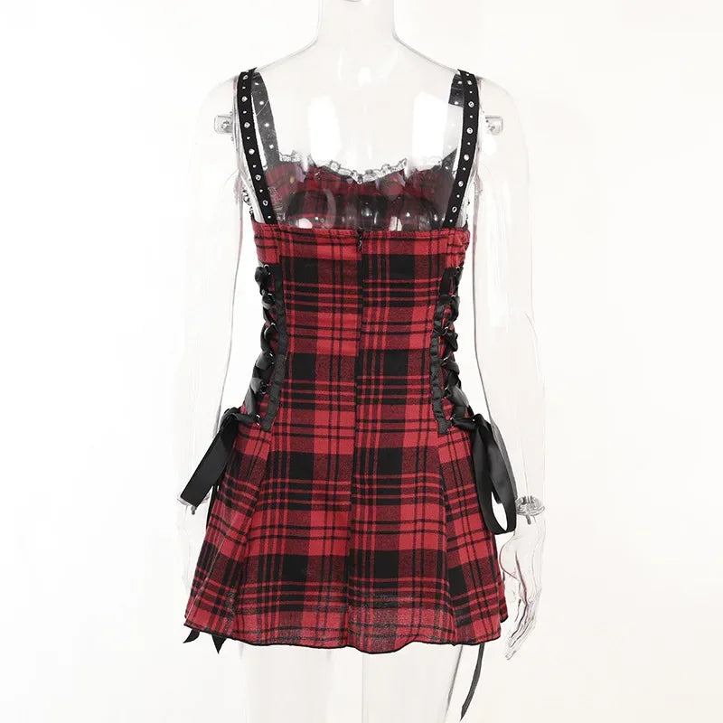 Women's Scene Red and Black Plaid Lace-Up Mini Dress