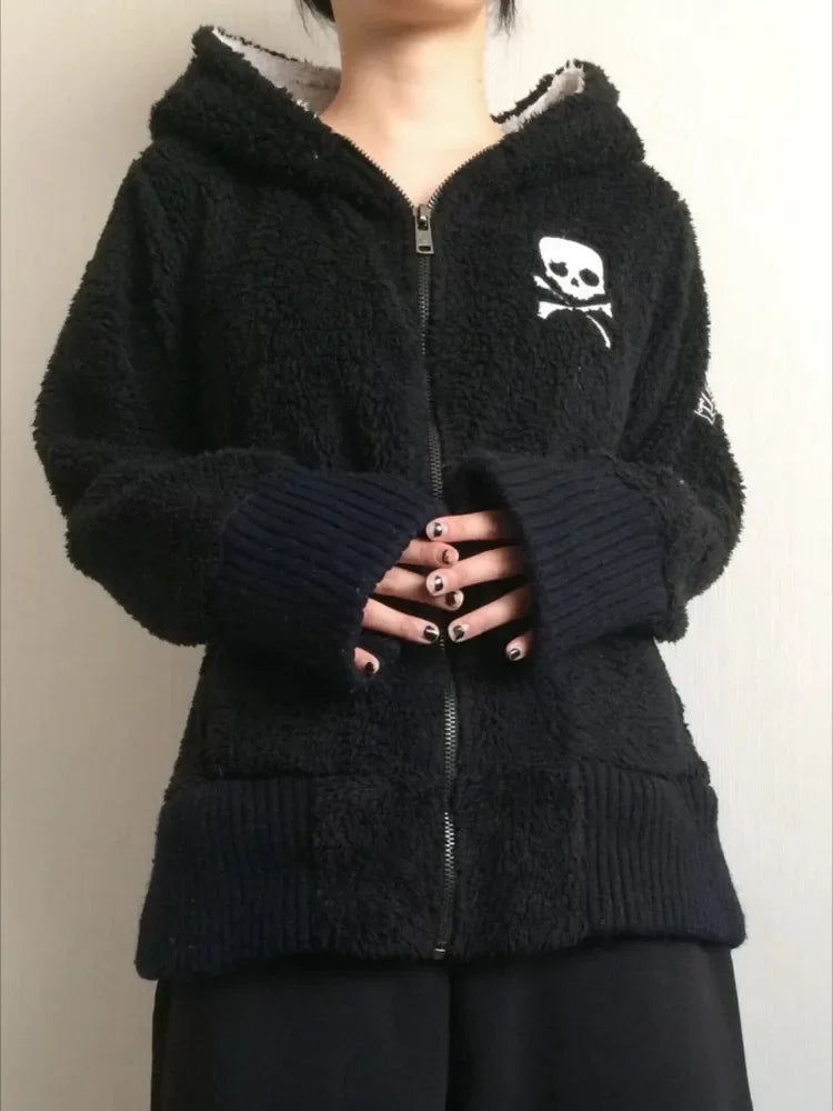 Scene Black Skull & Crossbones Sherpa-Fleece Zip Hoodie Jacket