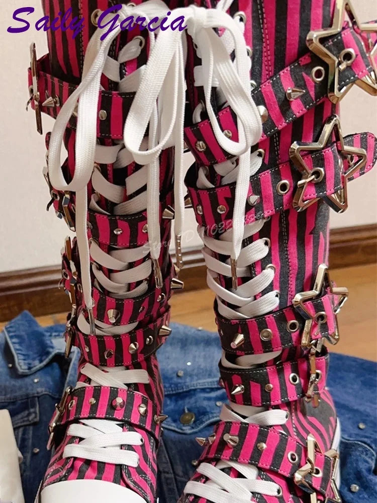 Scene Rose Red Striped Knee-High Platform Boots with Star Buckle Straps