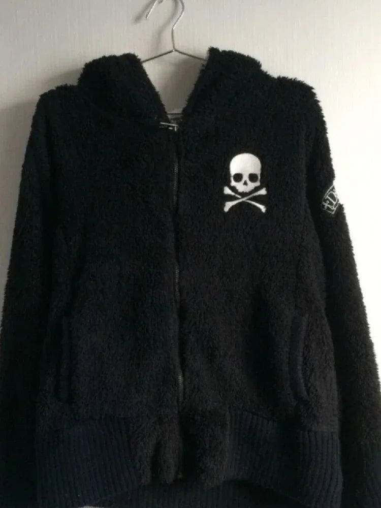 Scene Black Skull & Crossbones Sherpa-Fleece Zip Hoodie Jacket