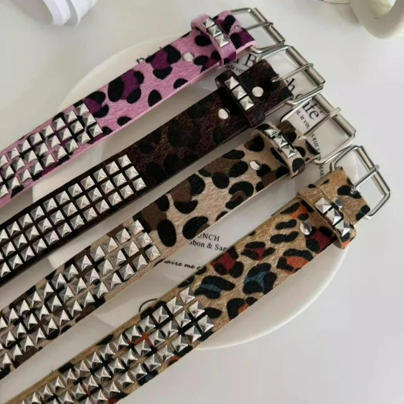 Scene Pink Leopard-Print Pyramid Stud PU Belt