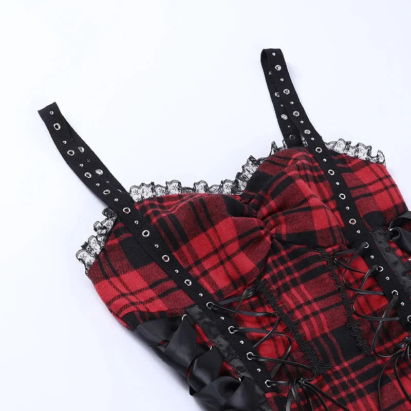 Women's Scene Red and Black Plaid Lace-Up Mini Dress