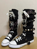 Scene Black Canvas Mid-Calf Lace-Up Boots with Studded Straps