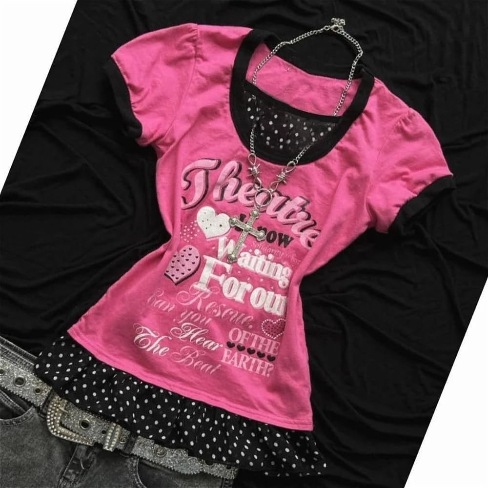 Scene Pink Graphic Short-Sleeve T-Shirt with Polka-Dot Hem