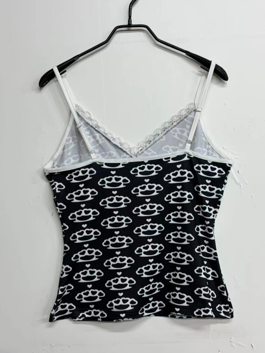 Scene Black Pattern Camisole Top with Lace Trim and Bow