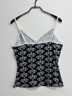 Scene Black Pattern Camisole Top with Lace Trim and Bow