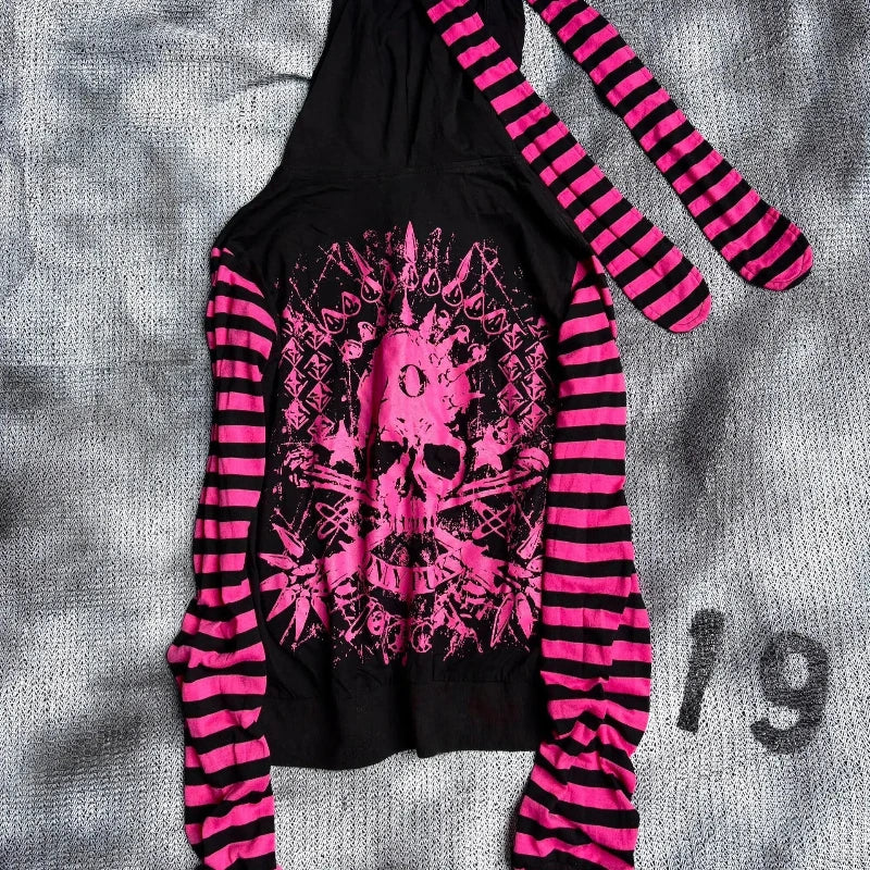 Scene Women's Black and Pink Skull Print Zip-Up Hoodie