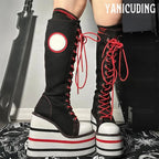 Scene Skeleton Embroidered Canvas Knee-High Wedge Platform Boots – Black with Red Laces