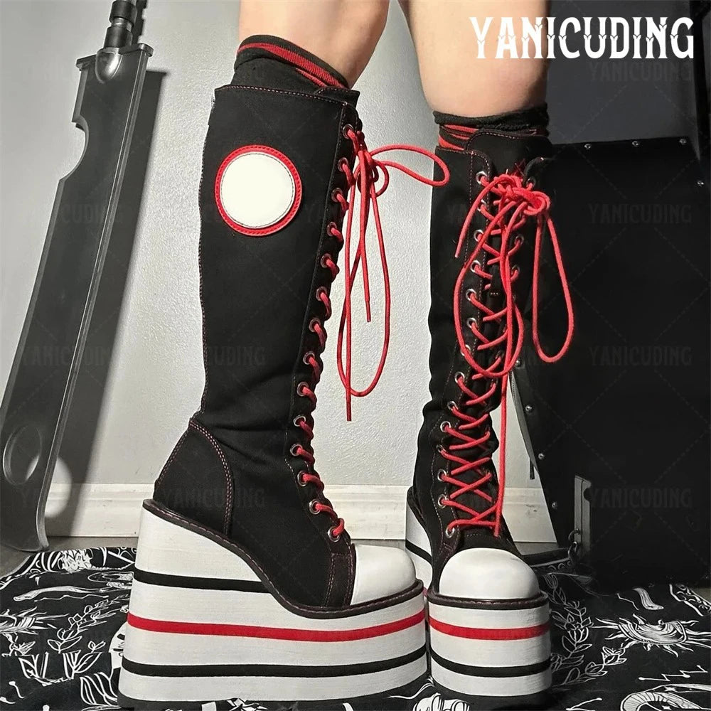 Scene Skeleton Embroidered Canvas Knee-High Wedge Platform Boots – Black with Red Laces