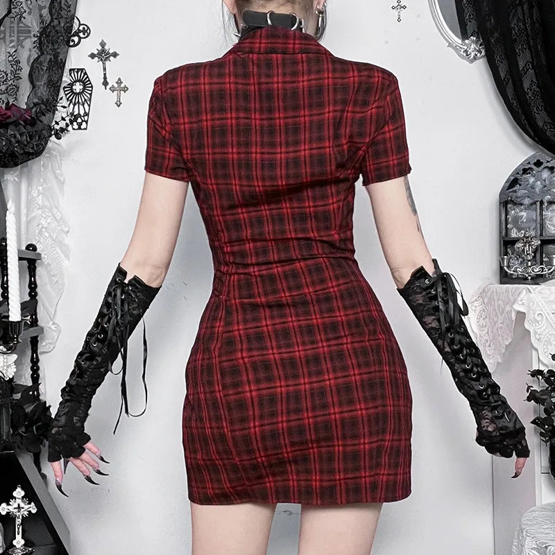 Scene Women's Red Plaid Gothic Mini Dress with Chain Details