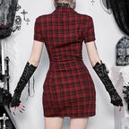 Scene Women's Red Plaid Gothic Mini Dress with Chain Details