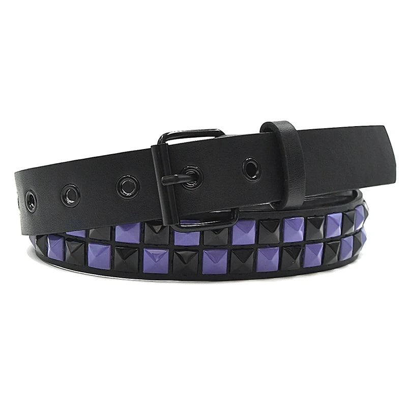 Scene Pyramid Stud PU Belt with Square Rivets – Black with Red, White or Purple Accents