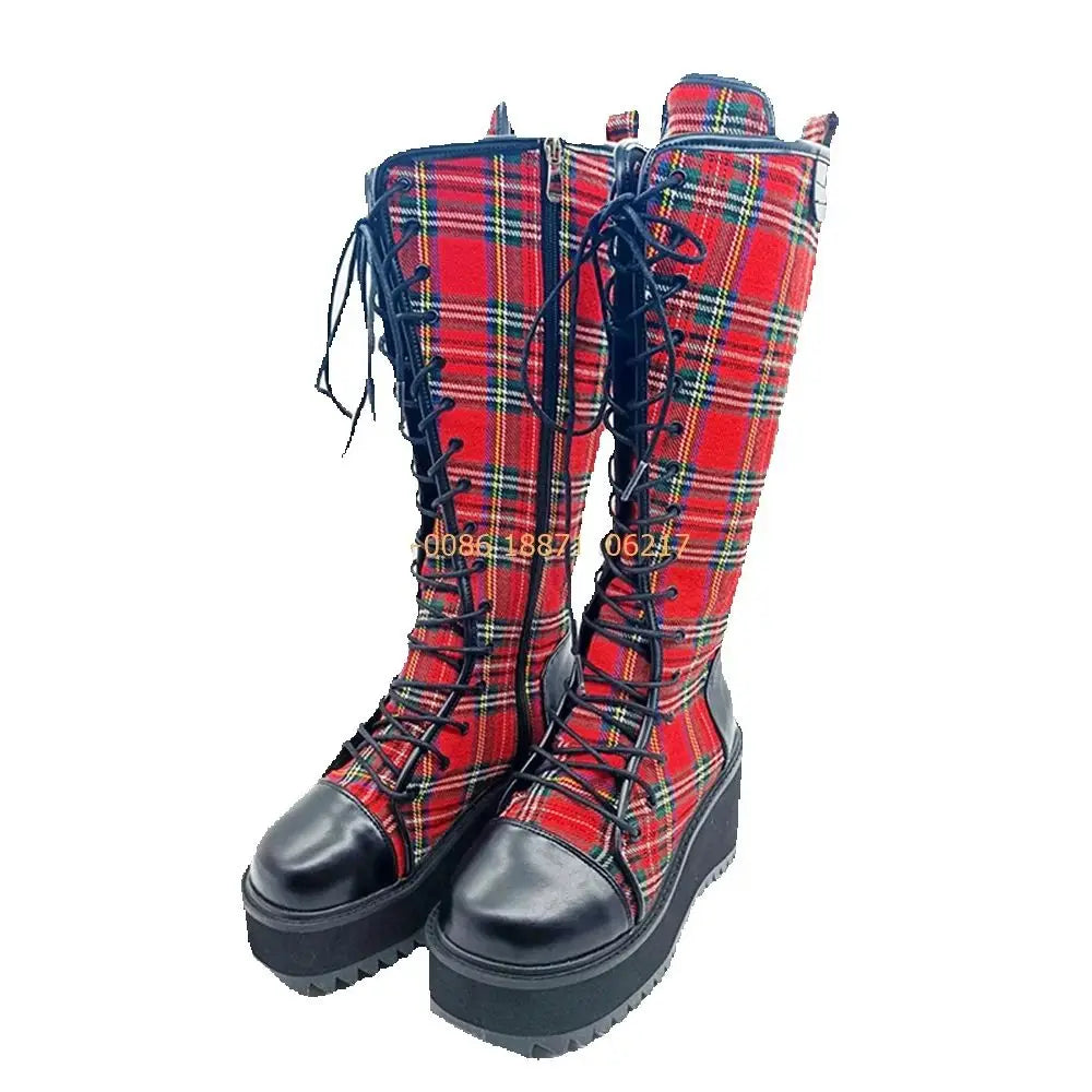 Scene Red Plaid Knee-High Lace-Up Platform Boots