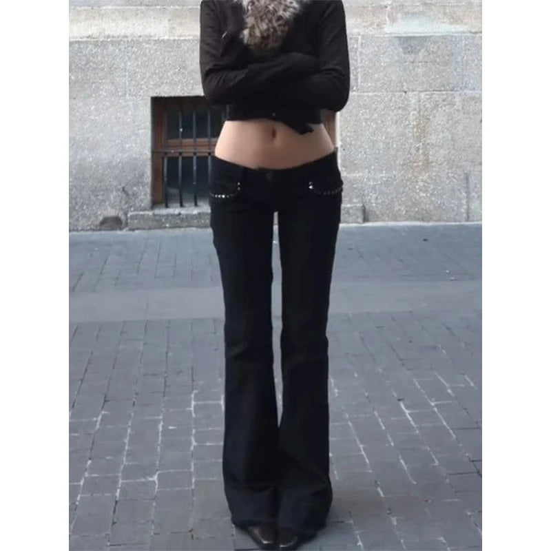 Scene Women's Black Low-Rise Flared Jeans with Rivet Detail