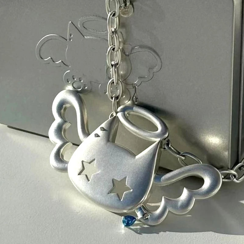 Scene Y2K Winged Cat Pendant Necklace with Blue Crystal-Like Charm