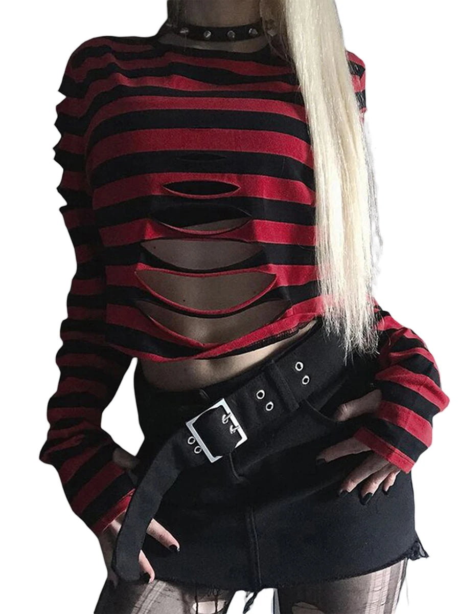 Scene Women's Striped Cutout Long-Sleeve Crop Top