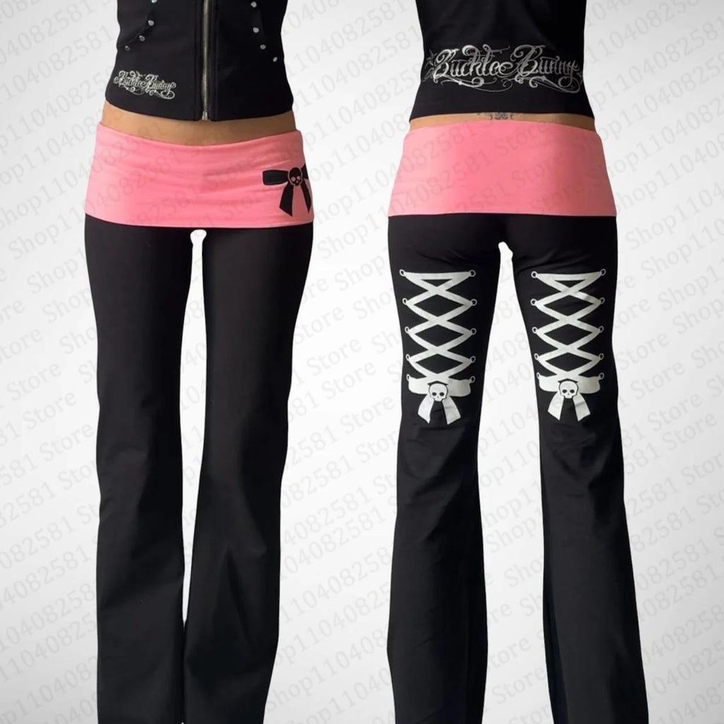 Scene Women's Black and Pink Skull Print Wide-Leg Pants