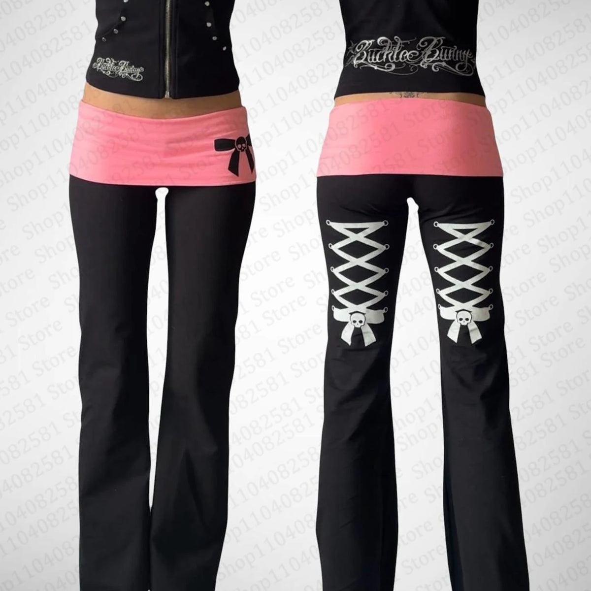 Scene Women's Black and Pink Skull Print Wide-Leg Pants