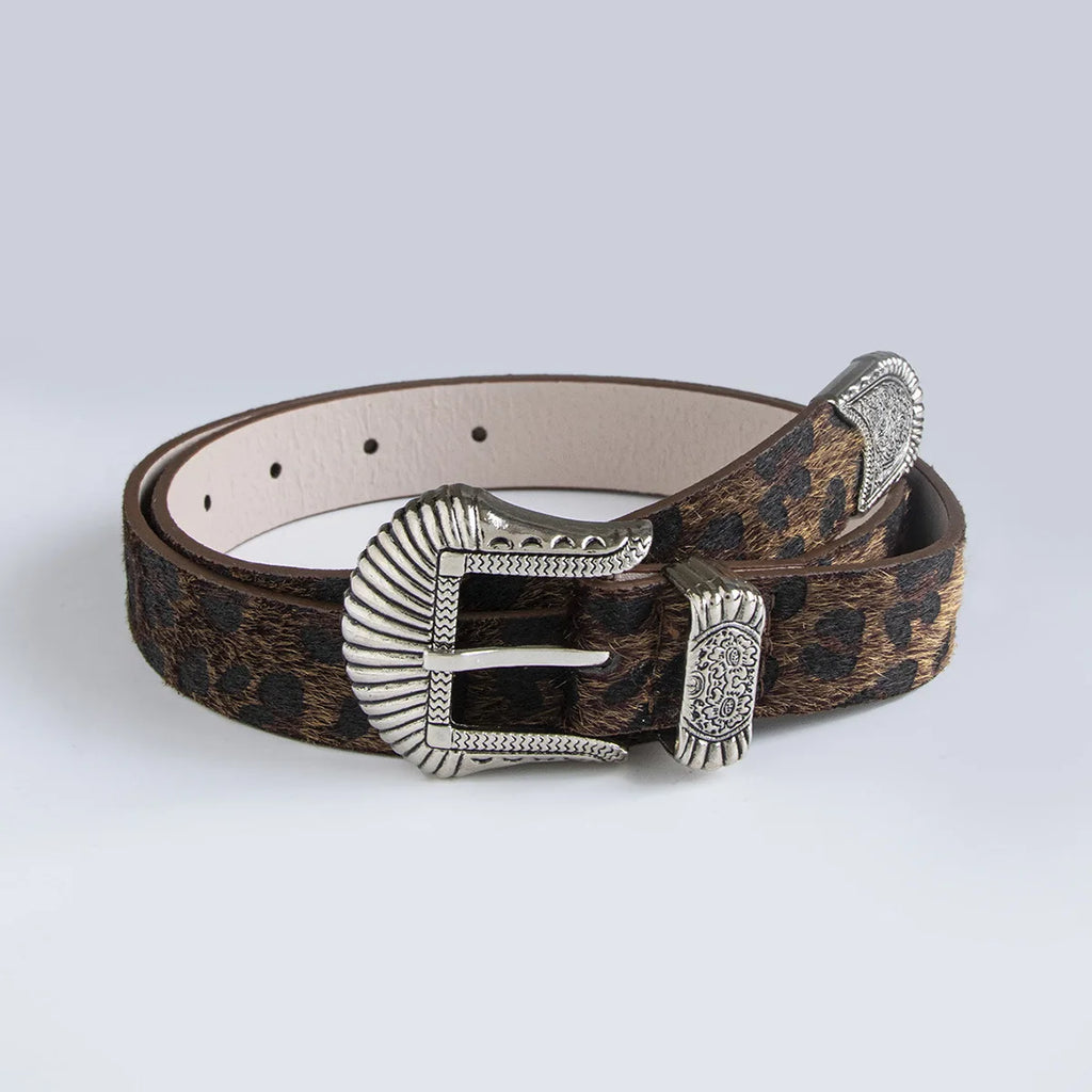 Scene Women's Leopard Print Belt with Ornate Silver-Tone Buckle