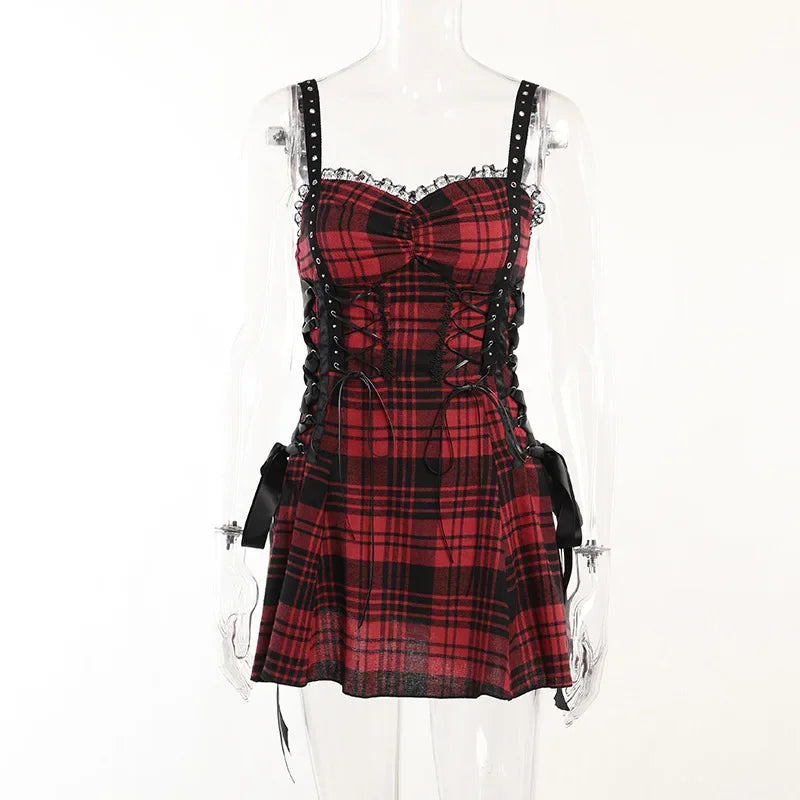 Women's Scene Red and Black Plaid Lace-Up Mini Dress
