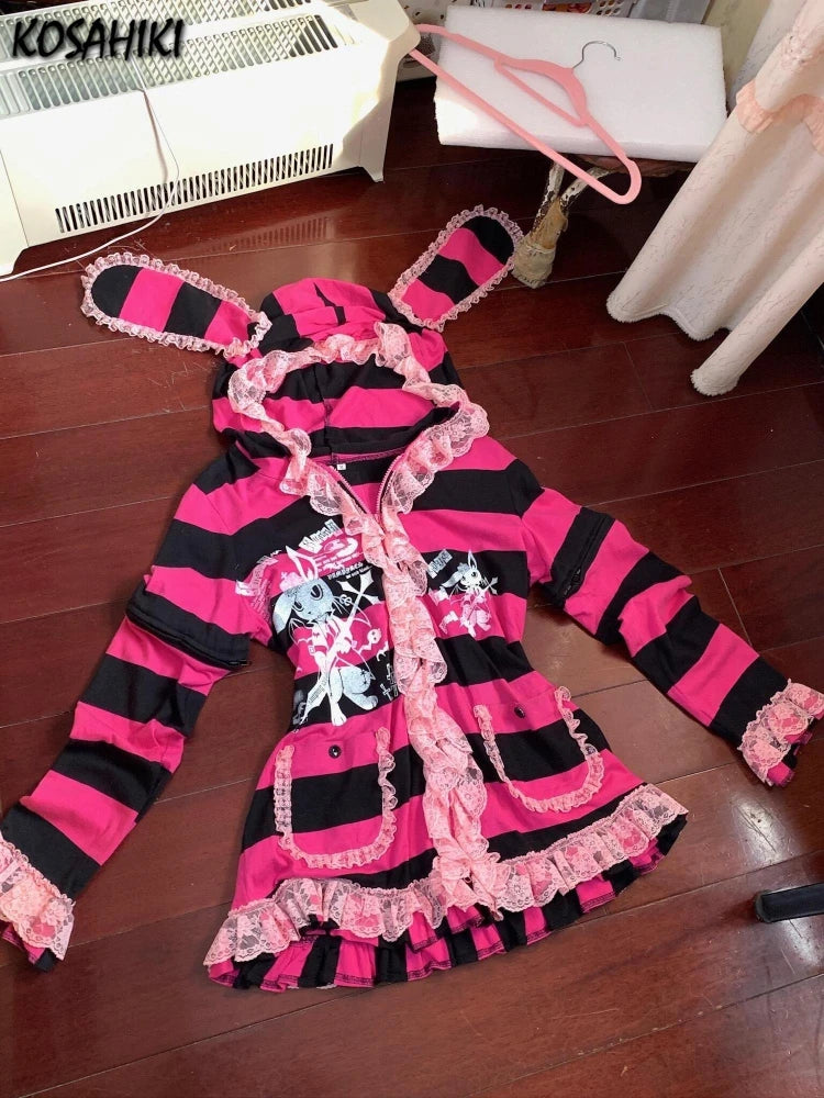Scene Pink and Black Striped Lace-Trim Hooded Jacket
